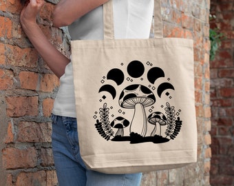 Mushroom with Moon Phases Cottagecore tote bag, Magic mushrooms tote bag| mushroom tote bag, Witch tote, Aesthetic Tote Bag, School tote bag