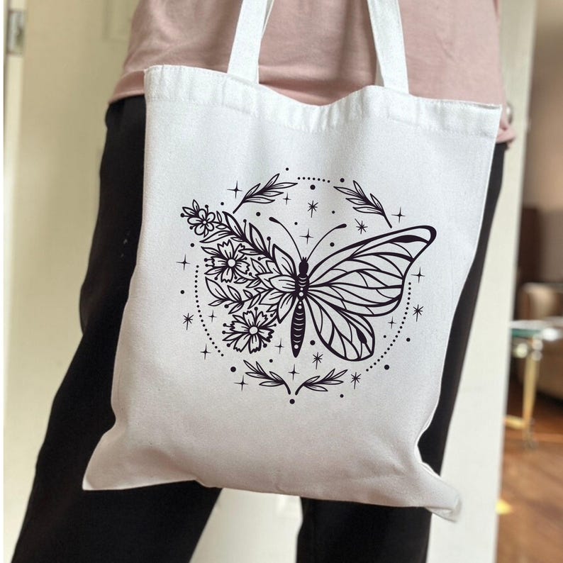 Boho Butterfly Floral Cotton Canvas Tote Bag, Aesthetic Girl image 2