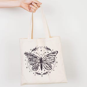 Boho Butterfly Floral Cotton Canvas Tote Bag, Aesthetic Girl image 4