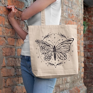 Boho Butterfly Floral Cotton Canvas Tote Bag, Aesthetic Girl image 1