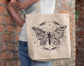 Boho Butterfly Floral Cotton Canvas Tote Bag, Aesthetic Girl