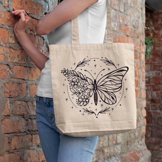 Boho Butterfly Floral Cotton Canvas Tote Bag, Aesthetic Girl