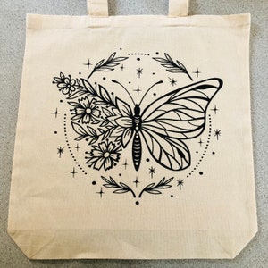 Boho Butterfly Floral Cotton Canvas Tote Bag, Aesthetic Girl image 6