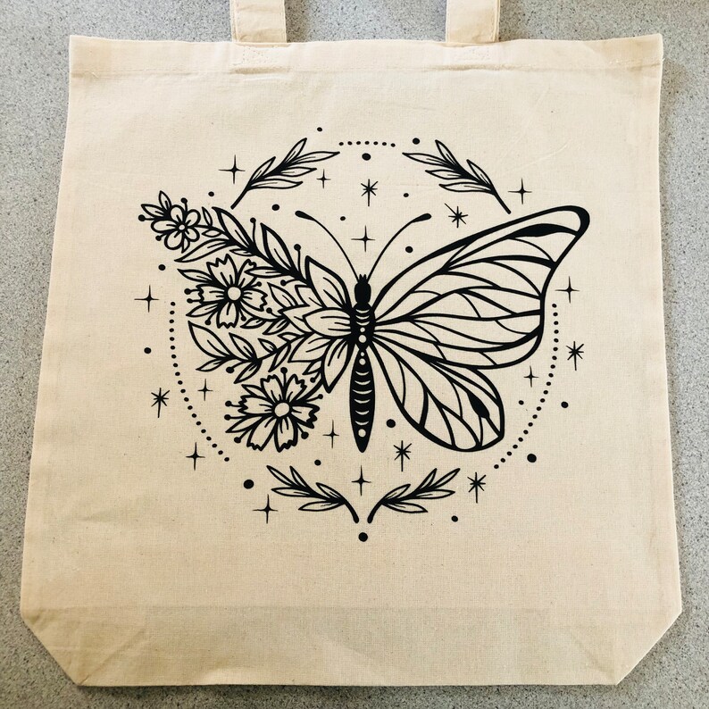 Boho Butterfly Floral Cotton Canvas Tote Bag, Aesthetic Girl image 6