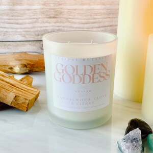 GOLDEN GODDESS Healing Manifestation Candle | Sandalwood, Close & Citrus | Luxury Coco-soy wax candle | 100 hour burn | Handmade | Gifts