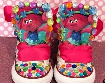 Trolls Converse Sneakers Inspired * Trolls Inspired High Top Sneakers* Poppy Inspired Girls Bling Converses.*Trolls Bling Chucks*