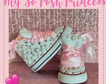 Girls Pearls Converses.Girls Converses W/Pearls.Pearls On Sneakers.Chuck Taylor's Pearls. Bling n Pearls Kicks.Birthday Sneakers Converses.