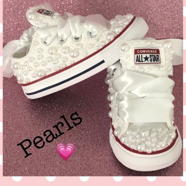 Pearls Converse Sneakers. Children's Sneakers With Pearls .Pearls On Converses.Flower Girls Sneakers . Pearls On Chucks. Wedding Sneakers.