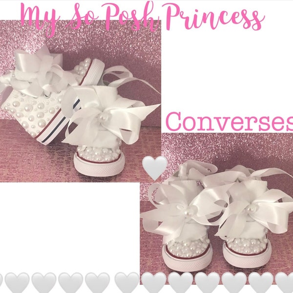 Girls Pearls Converse. Pearls On Converses. Flower Girls Sneakers. Pearls On Chuck Taylors. Communion Sneakers.Girls Custom Pearls Sneakers.
