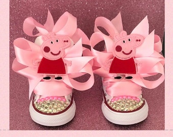 Inspired Pink Pig Character. Bling Sneakers.Bling Sneakers.Bling High Tops. Bling Converses .Bling Little Pink Pig High Tops.Peppa Inspired