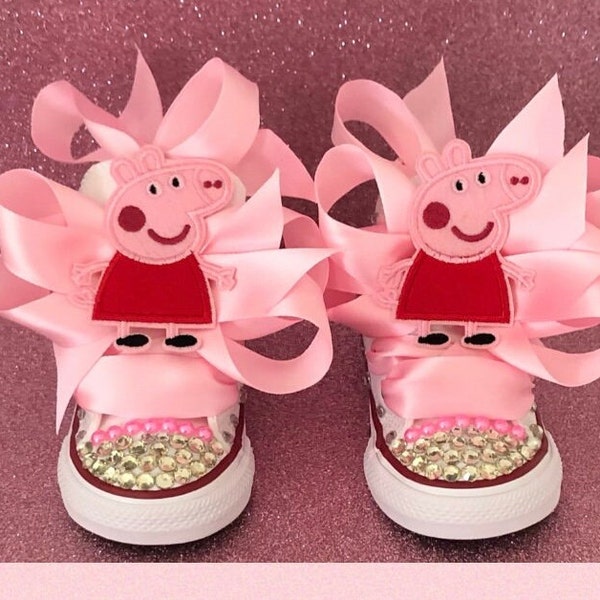 Inspired Pink Pig Character. Bling Sneakers.Bling Sneakers.Bling High Tops. Bling Converses . Pink Pig High Tops. Peppa Piggy Inspired Shoes