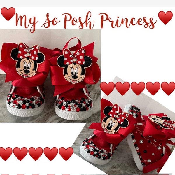 Inspired Minnie Sneakers* Red Bling High Tops Minnie*Bling Toddler Girls Minnie Sneakers*Girls Bling Minnie Character Inspired Red Sneakers*