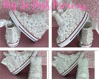 Pearls Bling Converse Sneakers. White Pearls Girls Sneakers. Communion Sneakers.Pearls On Chuck Taylor Sneakers. Pearls Sneakers.Bling Kicks
