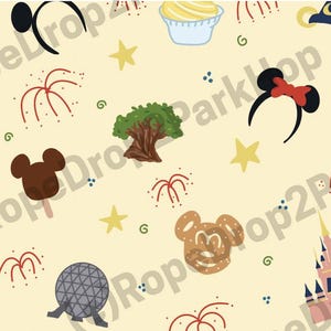 Magical Park Daydreams Digital Art Seamless Pattern, Hand drawn, Magic, Kingdom, Parks, Castle, Repeating, Mouse, Sublimation Design, Yellow