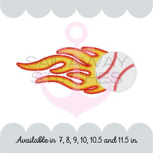May include: A white baseball with red stitching is on fire. The flames are yellow and red. Available in sizes 7, 8, 9, 10, 10.5 and 11.5 inches.