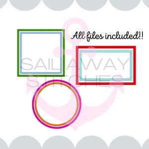May include: Digital design elements featuring a green square, a red rectangle, and a pink circle. The text "All files included!!" is displayed above the shapes. The text "Available in 3, 3.5, 4, 4.5, 5, 5.5, 6, 6.5, 7, 7.5 and 8 in." is below.
