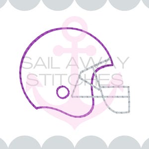 May include: A purple and silver football helmet outline. The text "SAIL AWAY STITCHES" is visible. The text "Available in 2.5, 3, 3.5, 4, 4.5 and 5." is also visible.