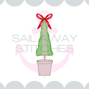 May include: A green topiary tree design with a red bow, in a woven pot. The text "SAILWAY STITCHES" is above the tree. The text "Available in 3, 3.5, 4, 4.5, 5, 5.5 and 6 in." is below the tree.
