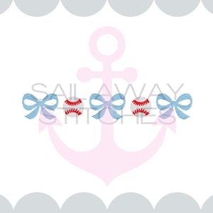 May include: A design featuring baseballs with red stitching and light blue bows, arranged in a row. A pink anchor is in the background, with a scalloped cloud design above and below. Text at the bottom reads "Available in 5, 5.5, 6, 6.5, 7, 7.5 and 8 in."