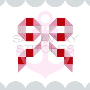 May include: A red and white checkered bow design. The bow is made up of squares and rectangles. The text "SAIL AWAY STITCHES" is in the center of the image. The text "Available in 2, 2.5, 3, 3.5, 4, 4.5 and 5 in." is at the bottom.
