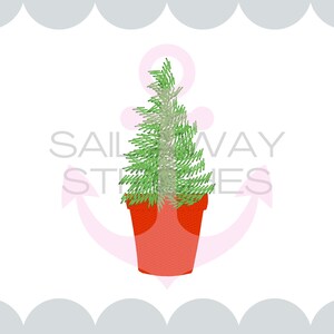 May include: A green, stylized Christmas tree in a red pot. The image includes the text "SAILWAY STITCHES" and "Available in 12.7, 15.2, 17.8 and 20.3 cm."