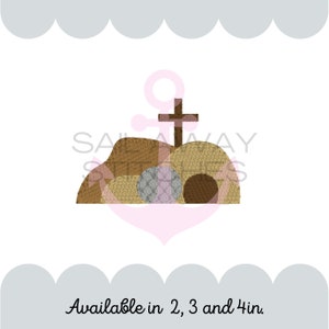May include: Embroidered design of a brown stone tomb with a brown cross on top. The tomb has two round openings, one with a grey stone and the other with a brown stone.  Available in 2, 3 and 4 inches.