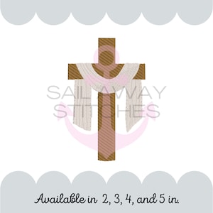 May include: A brown wooden cross with a white fabric draped over it. Available in sizes 2, 3, 4, and 5 inches.