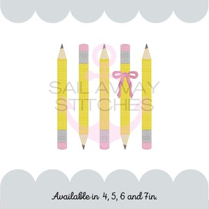 May include: Five yellow pencils with pink erasers and a pink bow on one of the pencils. The text "Sail Away Stitches" is visible in the background. The text "Available in 4, 5, 6 and 7in." is visible at the bottom of the image.