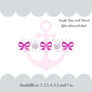 以下が含まれることがあります： ピンクのリボンとハートのデザイン。画像には「Single Bow and Heart files also included.」と「Available in 5, 5.5, 6, 6.5 and 7 in.」というテキストが含まれています。