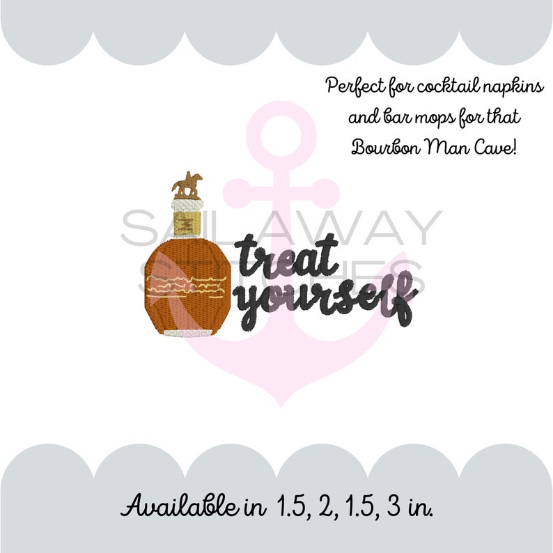 May include: Embroidered design of a bottle of bourbon with a horse on top and the text "treat yourself". The design is perfect for cocktail napkins or bar mops. Available in sizes 1.5, 2, 1.5, and 3 inches.