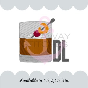 May include: Embroidered design of a glass of Old Fashioned cocktail with a cherry and orange slice garnish. The text "Old Fashioned" is stitched below the glass. Available in 1.5, 2, 1.5, and 3 inches.