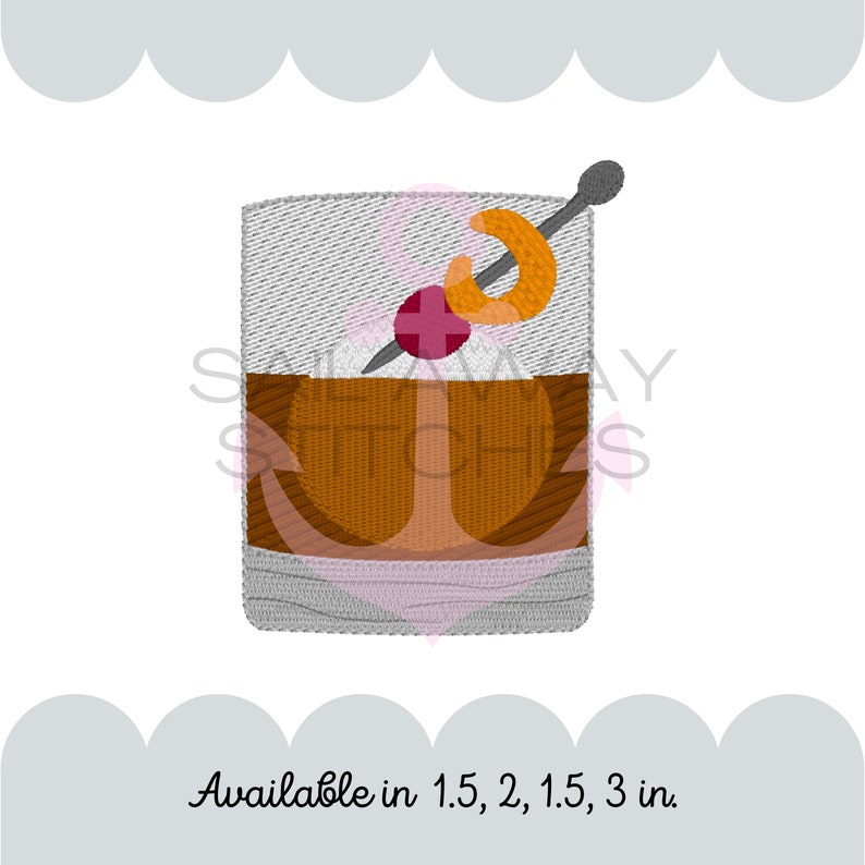 May include: Embroidered design of a brown Old Fashioned cocktail in a glass with a cherry and orange twist garnish. Available in 1.5, 2, 1.5, and 3 inches.