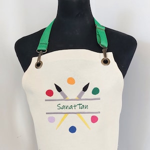 Personalized Painting Apron, Kids Adult Matching Name Embroidered Artisan Apron, Adjustable Ivory Linen Split Leg Pottery Art Teacher Smock