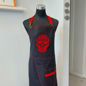 Reversible Adjustable Skull Split Leg Canvas Pottery Apron Dress, Embroidered Tattoo Artist Linen Gown, Florist  Costume, Teacher Pinafore