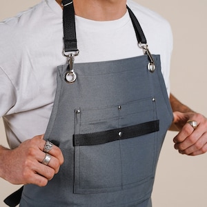 Personalized Unisex Gray Apron, Name Embroidered Adjustable Linen Split Leg Pottery Art Teacher Pinafore, Clay Craft Tattoo Canvas Gown