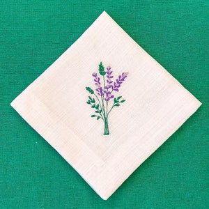 Lavender Embroidered Napkin Set, Cloth Hanky, Floral Serviette, Purple Lilac Something, White Fabric Handkerchief, Mothers Day Gift For Mom