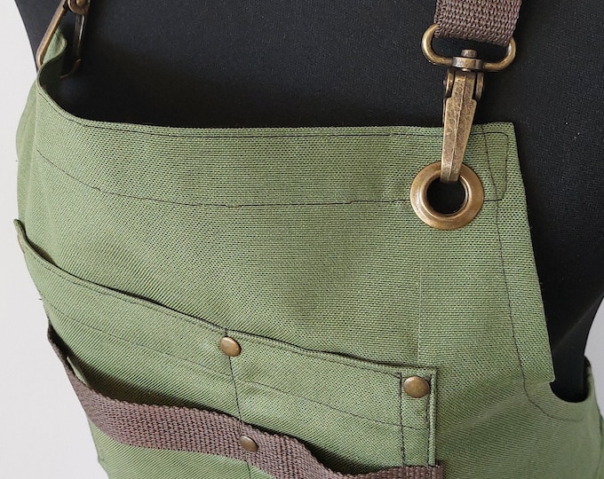 Khaki Linen Split Leg Apron, Personalized Pottery Art Smock