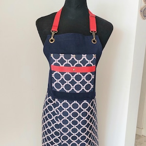 Navy Red Linen Split Leg Pottery Apron, Craft Overalls, Adjustable Canvas Art Teacher Pinafore, Florist Gown, Ceramics Clay Apron Dress