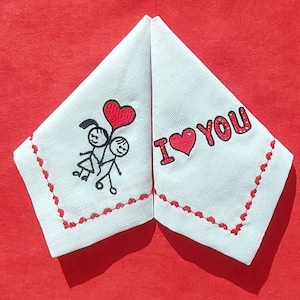 Red Heart Embroidered  Linen Napkin Set, 6 PCs Cartoon Couple Gift For Valentine, Dinner Table Decor Serviette,  My Love Cloth Handkerchief