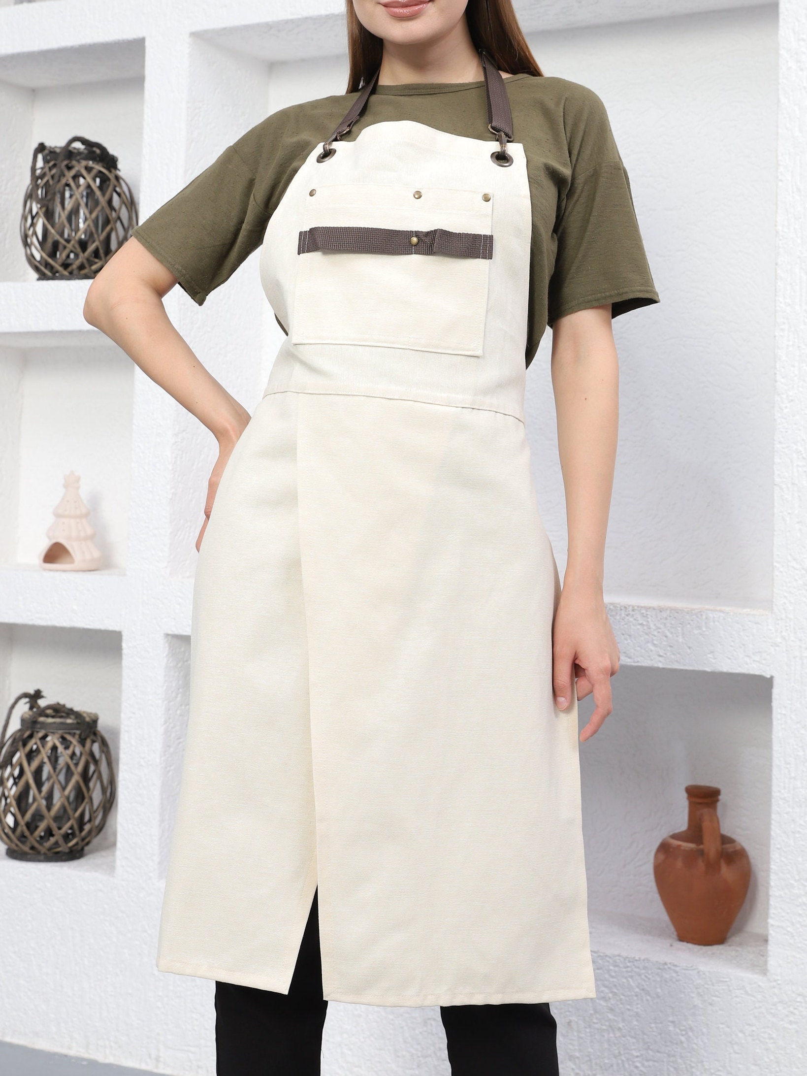 SanatTan Personalized Linen Split Leg Pottery Apron, Name Embroidered Adjustable Canvas Art Teacher Pinafore, Clay Ceramic Craft Tattoo Gown Overalls