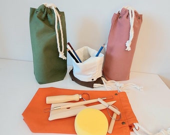 Pottery Tool Bag, Double Layer Fabric Art Material Case with Drawstring, Small Storage Tote