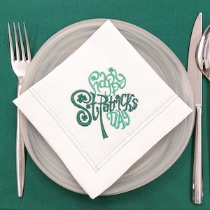 St Patricks Day Decor, Saint Patrick&#39;s Day Fabric Napkin, Shamrock Embroidered White Serviette, Irish Lucky Cloth Handkerchief, Clover Hanky