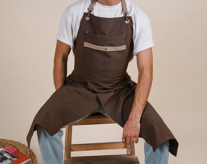 Personalized Unisex Work Apron, Name Embroidered Adjustable Linen Split Leg Pottery Arpon