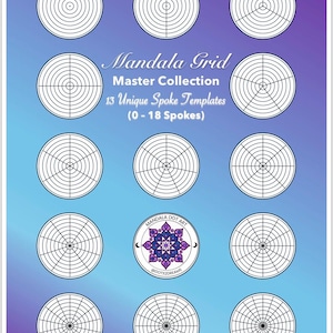 Op de afbeelding: Een verzameling van 13 cirkelvormige mandala-rastertemplates met variërende aantallen spaken van 0 tot 18, op een blauwe en paarse gradiëntachtergrond. De tekst luidt Mandala Grid Master Collection 13 Unique Spoke Templates (0 - 18 Spokes).