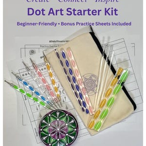 May include: A dot art starter kit with the text "Create • Connect • Inspire" and "Dot Art Starter Kit." The kit includes dotting tools, practice sheets, and a canvas bag. The kit is beginner-friendly and includes bonus practice sheets.