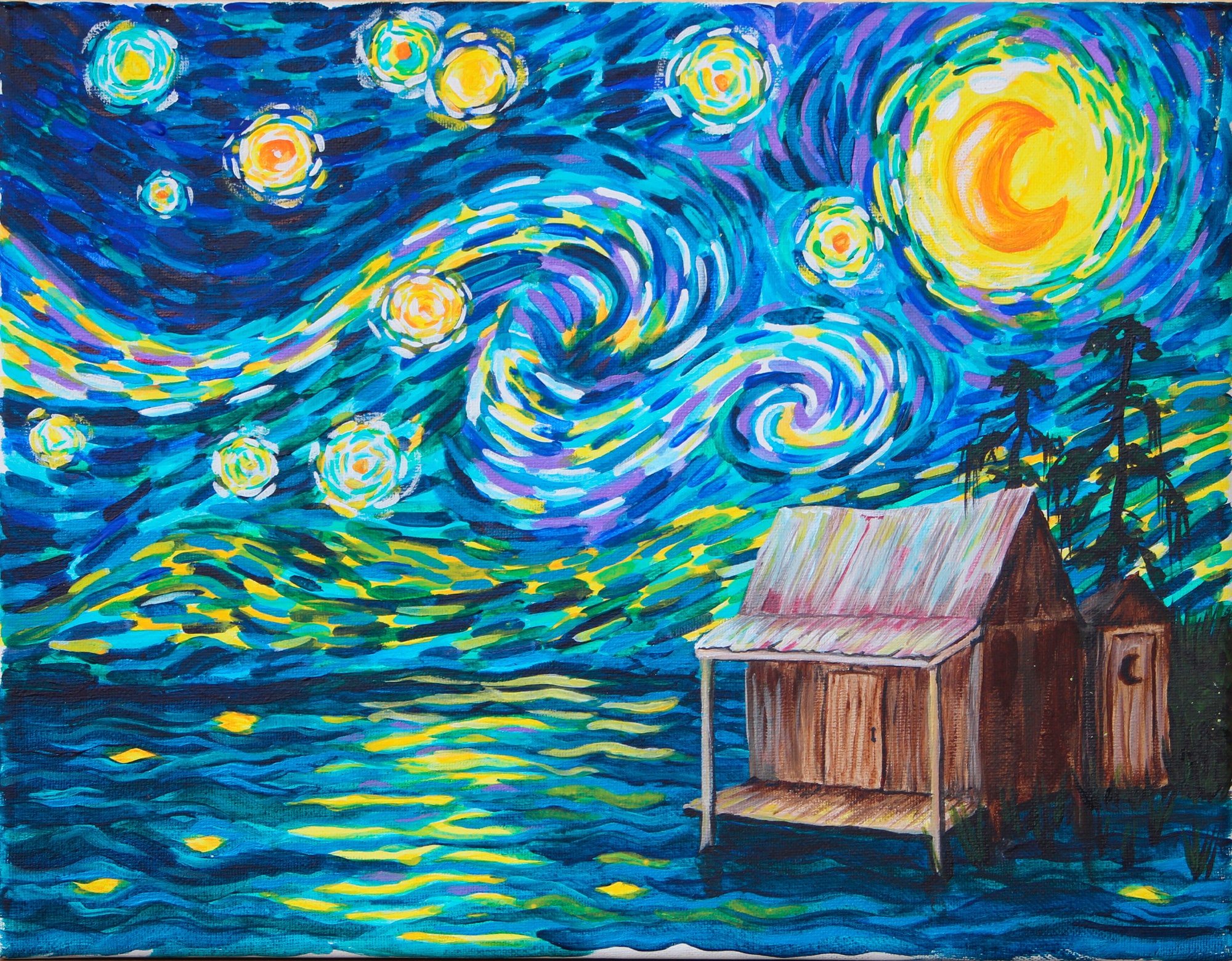 Starry Night Fly Fisherman Picture Watercolor 8.5 X 11 Fishing Art Print  Vincent Van Gogh Painting by Barry Singer Trout Fishing Decor 