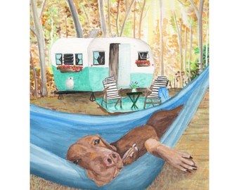 Original Painting, Camping Painting, Dog Painting,Living Room Wall Art, Den wall art, Original Art, Unique Gift