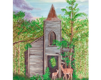 Church Ruins in Romantic Woodlands Original Art Church with Deer in Forest, Zion Baptist Church historic church building Original Painting