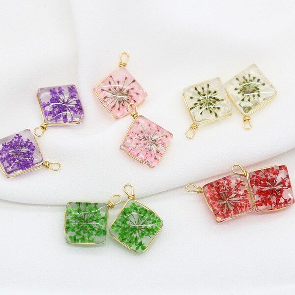 2pcs Pressed flower Charm Square Glass Flower brass charm Dried Flower Pendant necklace earring making Handmade Jewelry Accessories,H182