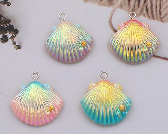 6pcs Irridescent Seashell Charm holographic Acrylic Shell Charm AB resin Gradient pendant Necklace Accessory Wholesale jewelry supplies,H126